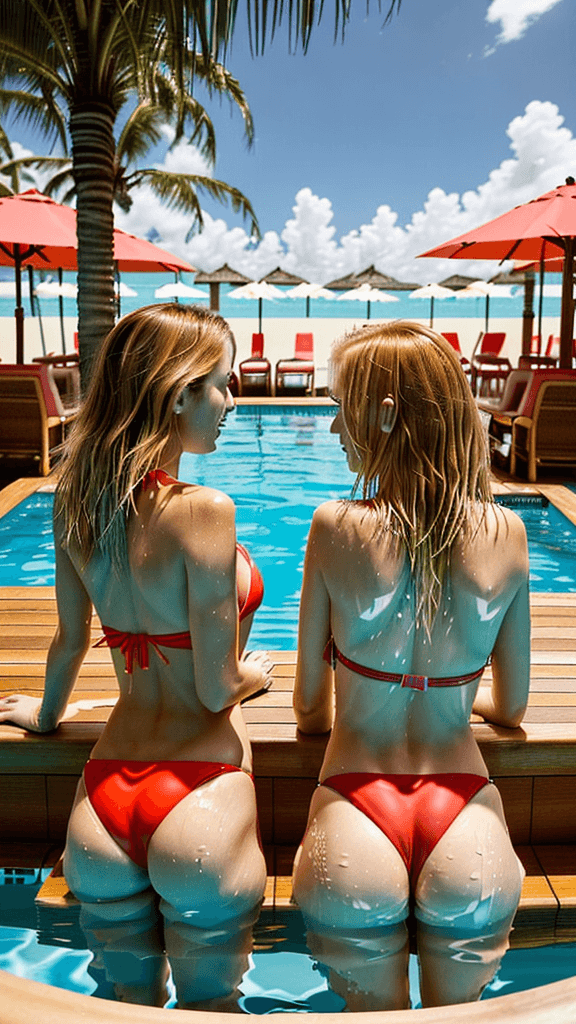 AI generated: Generate an image of two woman sitting in the pool bar, facing away of the camera. They are both wea...