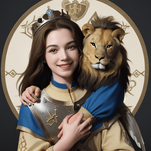 AI generated: Medieval shield, duck and lion hugging, smiling