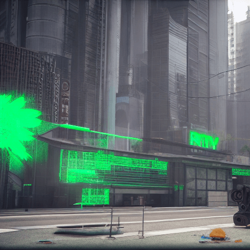 AI generated: bird, cyberpunk, outdoor, street, green, hyperrealism, photorealistic, 8k, unreal engine, 3d render ...