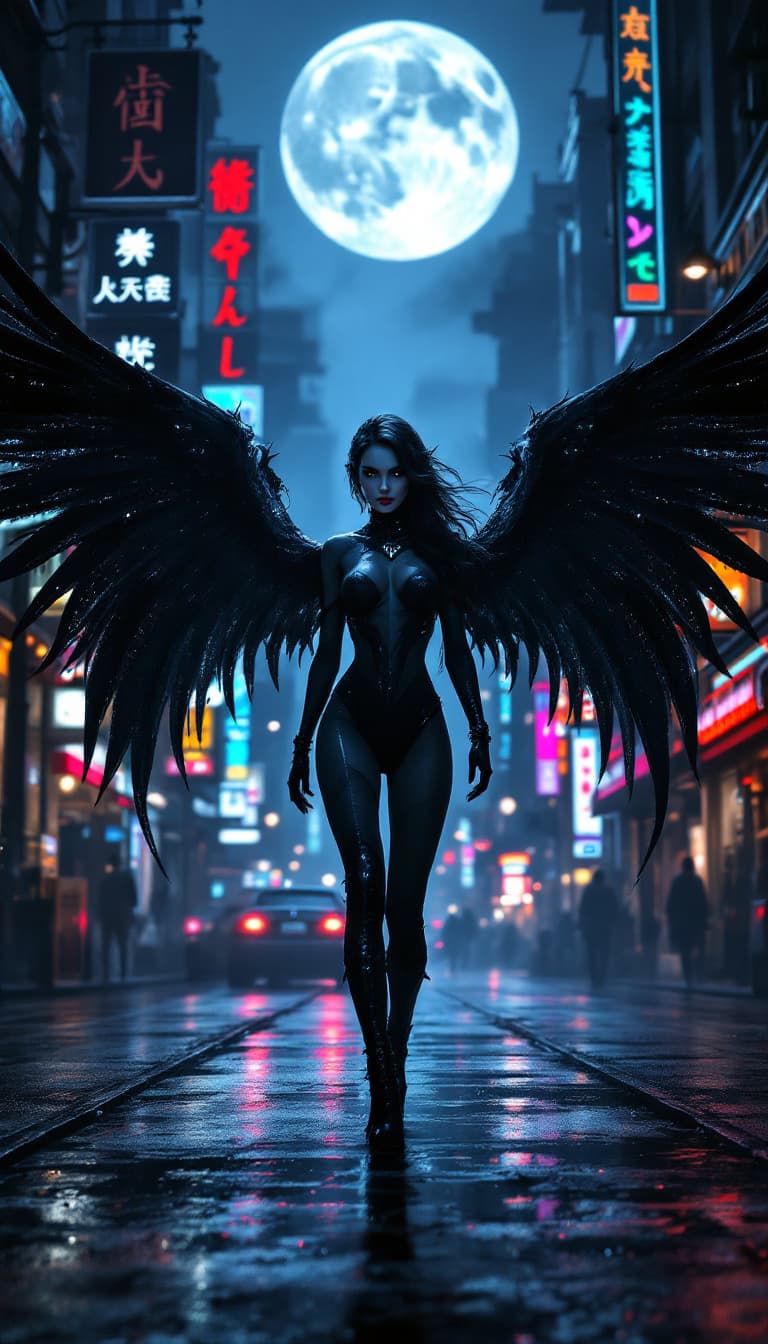AI generated: epic fantasy character art, woman in a black outfit with wings, city street at night, illuminated by...