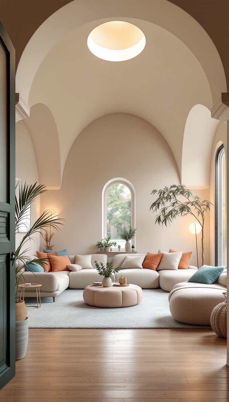 AI generated: High resolution photography interior design, dreamy sunken living room conversation pit, wooden floo...