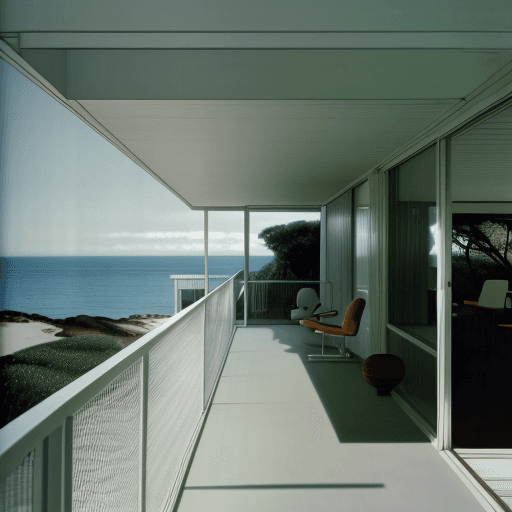 AI generated: Hyper realistic eye level exterior photo of a mid century modern style house overlooking the ocean, ...