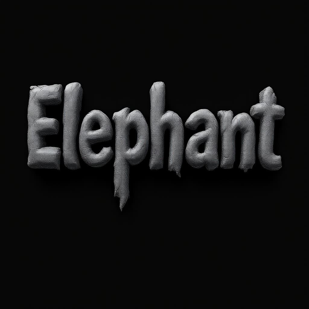 AI generated: The word "Elephant"	Thick, rough, wrinkled, leathery skin. The text is 3D, photorealistic, and place...