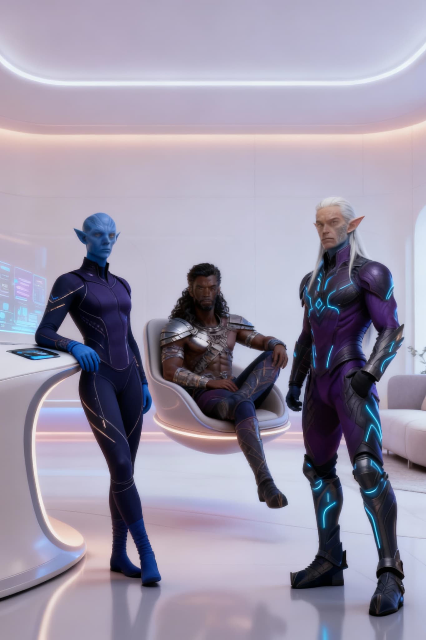 AI generated: Change background, clothing, and poses to emphasize sleek comfort within a futuristic society, keepi...