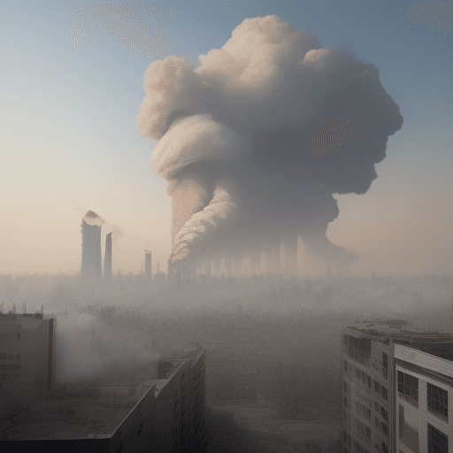 AI generated: Hyper realistic eye level exterior photo of the burning of fossil fuels in buildings with large amou...