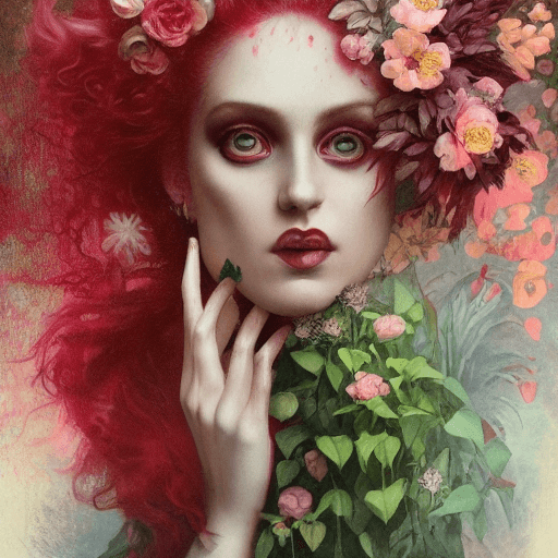 AI generated: portrait of Victorian 80s punk woman with red hair, a splash of pastel colors, plants, and flowers, ...