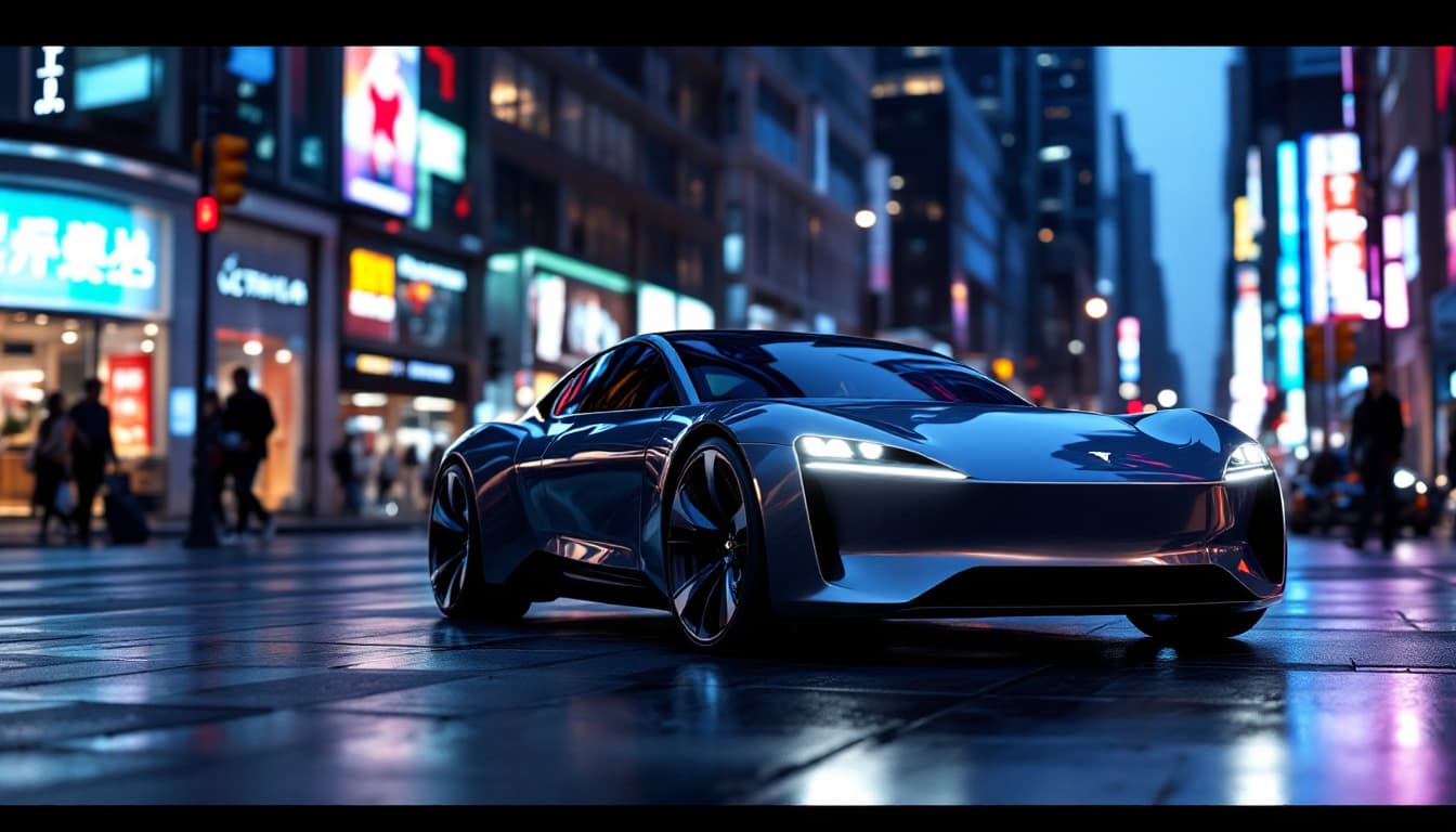 AI generated: 
sleek modern electric car parked on a bustling city street, futuristic LED lights glowing, ultra-sm...