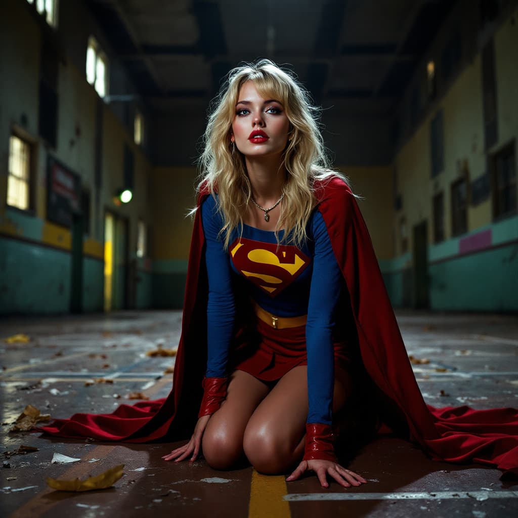AI generated: Action pose. peril. Masterpiece, Fujifilm XT3, Best quality, ultra-detailed. 1970s Supergirl (Beauti...