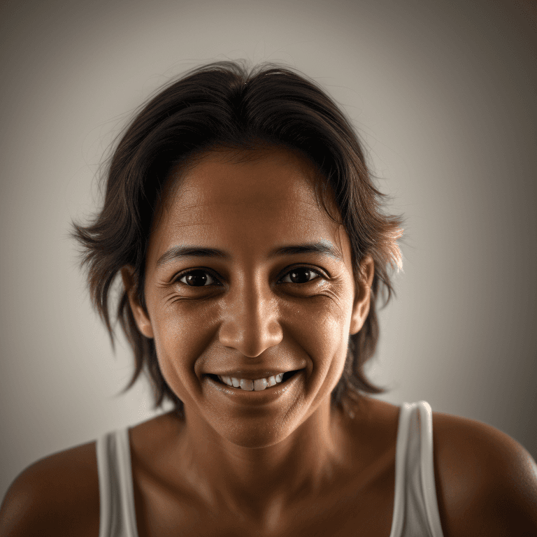 AI generated: hyper realistic headshot photo of a 40 year old brasilian (woman: young boy: 0.5), looking into the ...