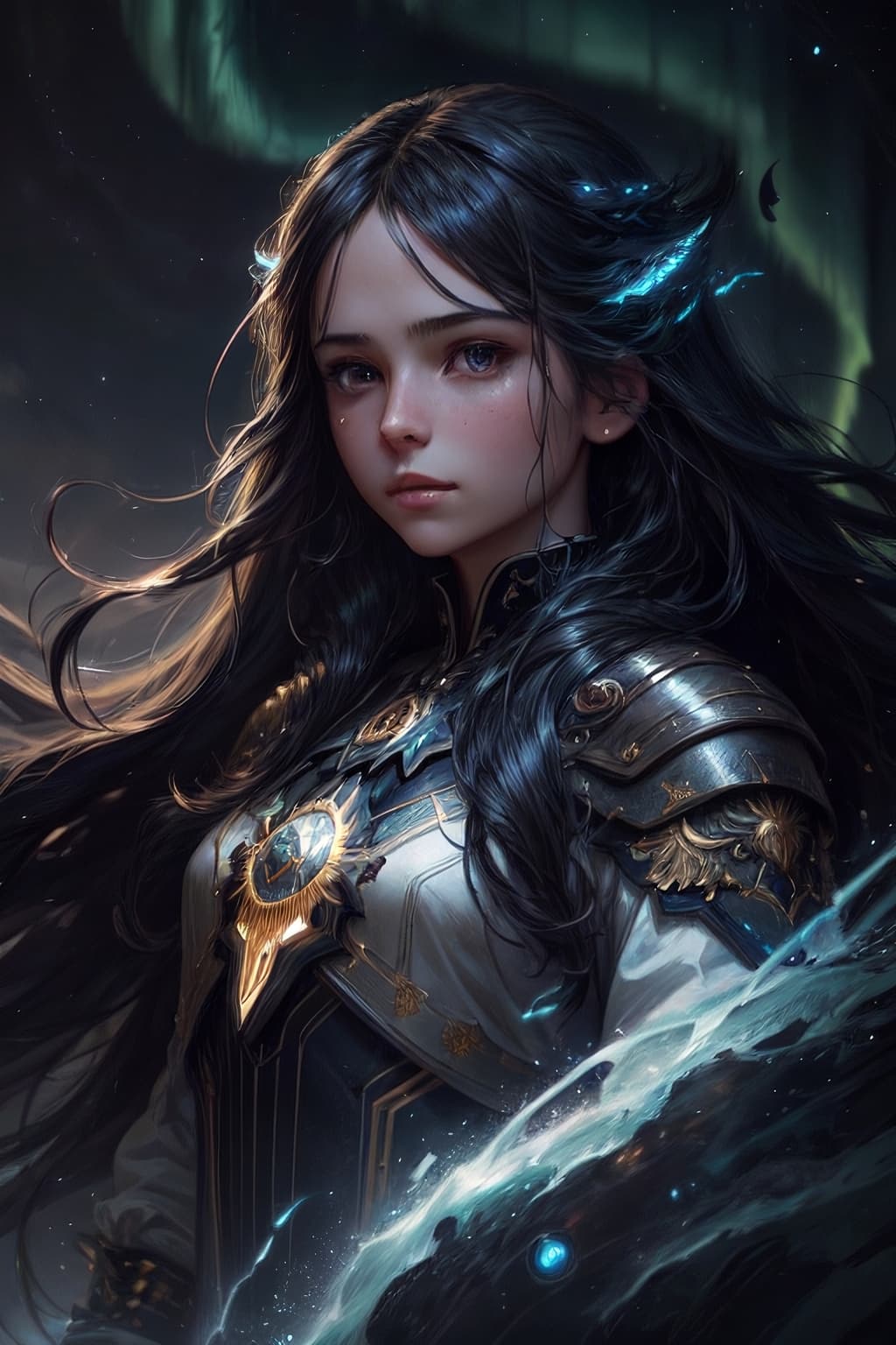 AI generated: (dark dim dramatic atmosphere)+ 8k portrait aurora, girl with super long hair, hair dissolving into ...