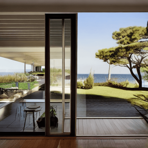 AI generated: Hyper realistic eye level exterior photo of a mid century modern style house overlooking the ocean, ...
