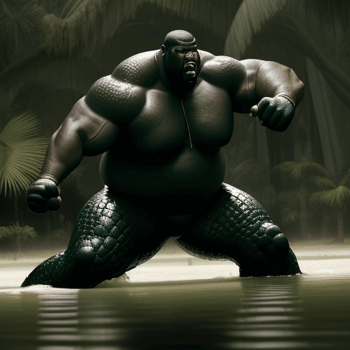 AI generated: Big black man fighting with a cocodrile un a swamp