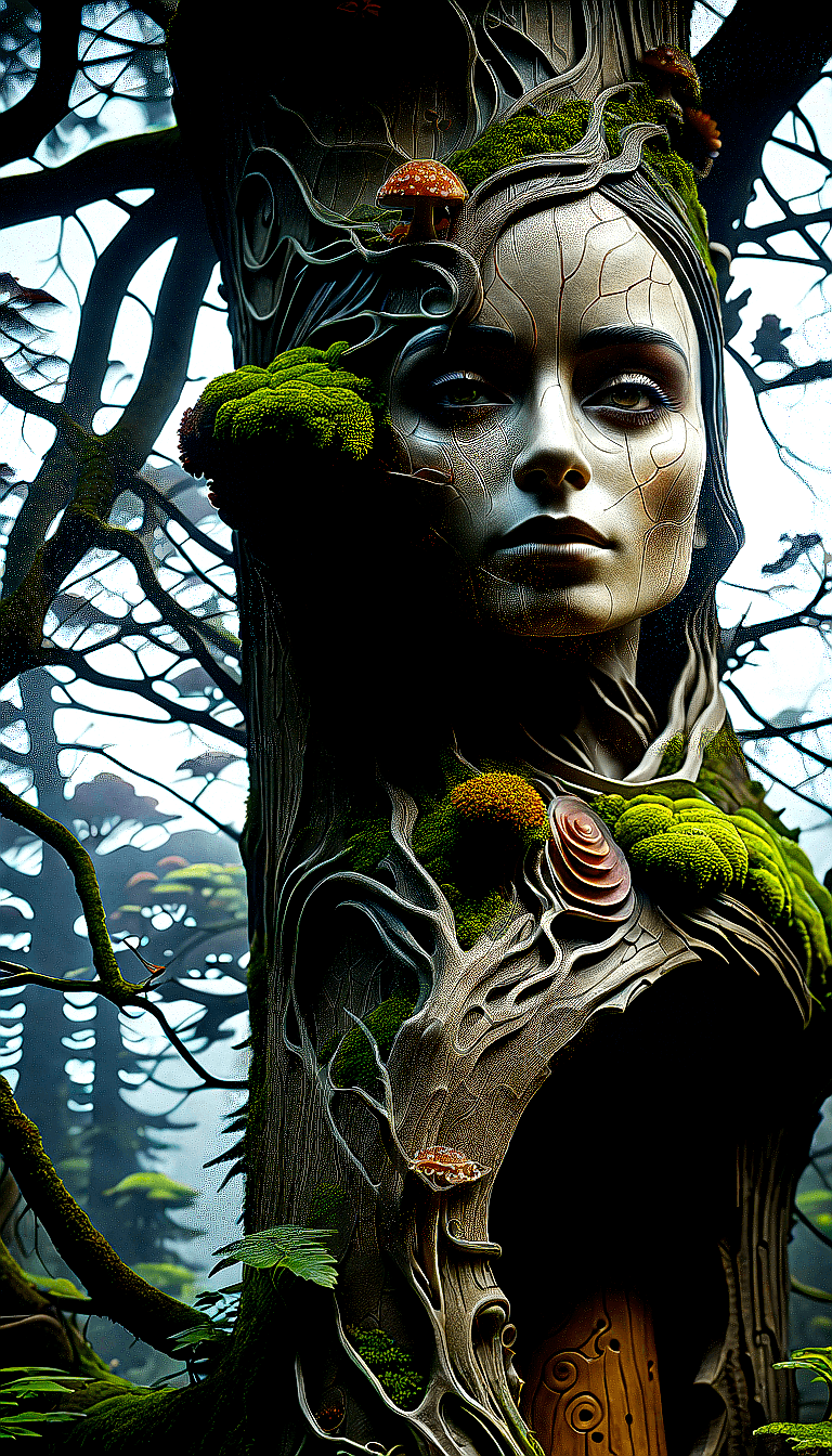 AI generated: The image features a tree with a woman's face carved into it. The tree trunk has a woman's face on o...