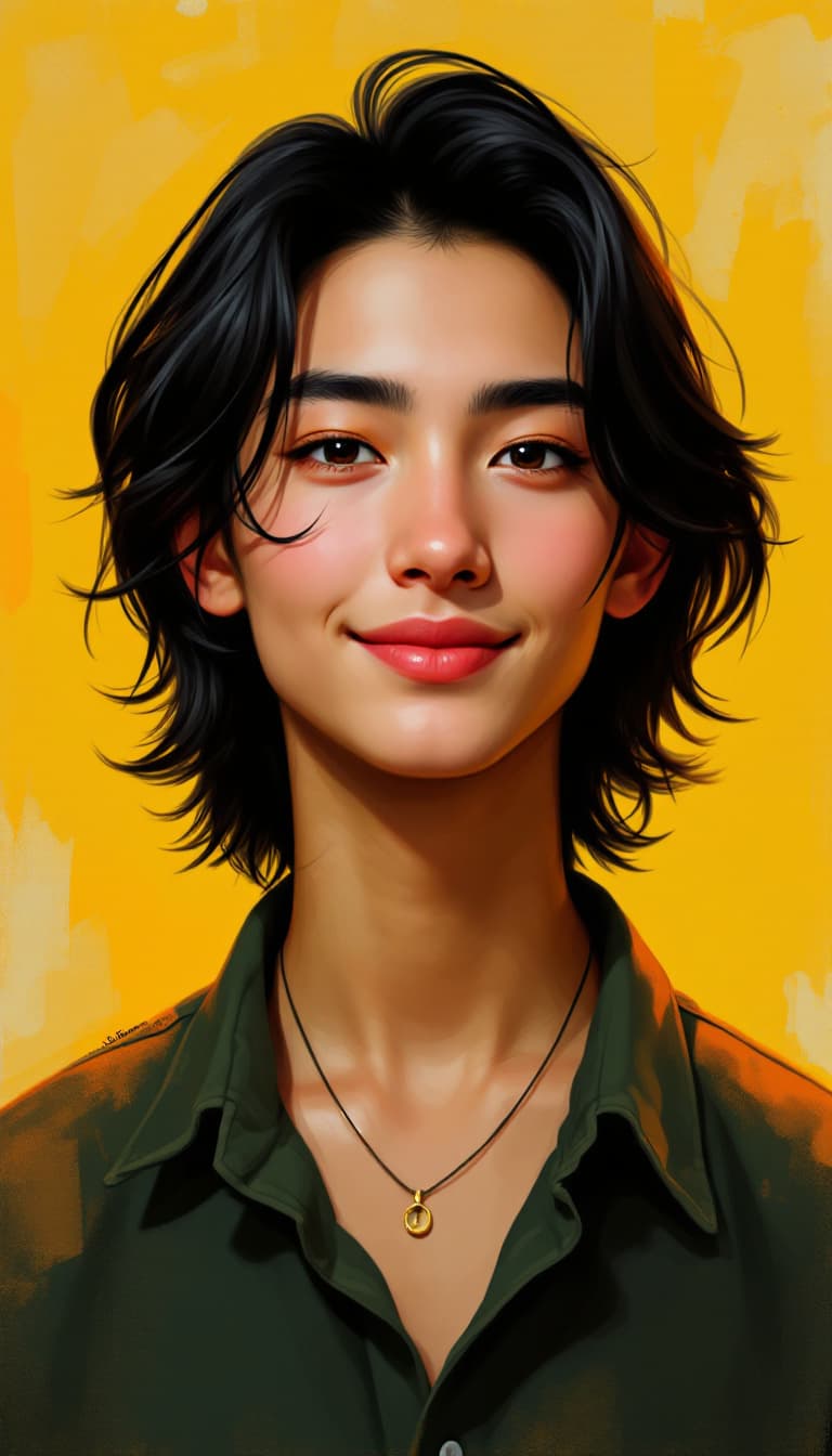 AI generated: 

"Create a portrait of a young person with medium-length, slightly wavy black hair, styled casually...
