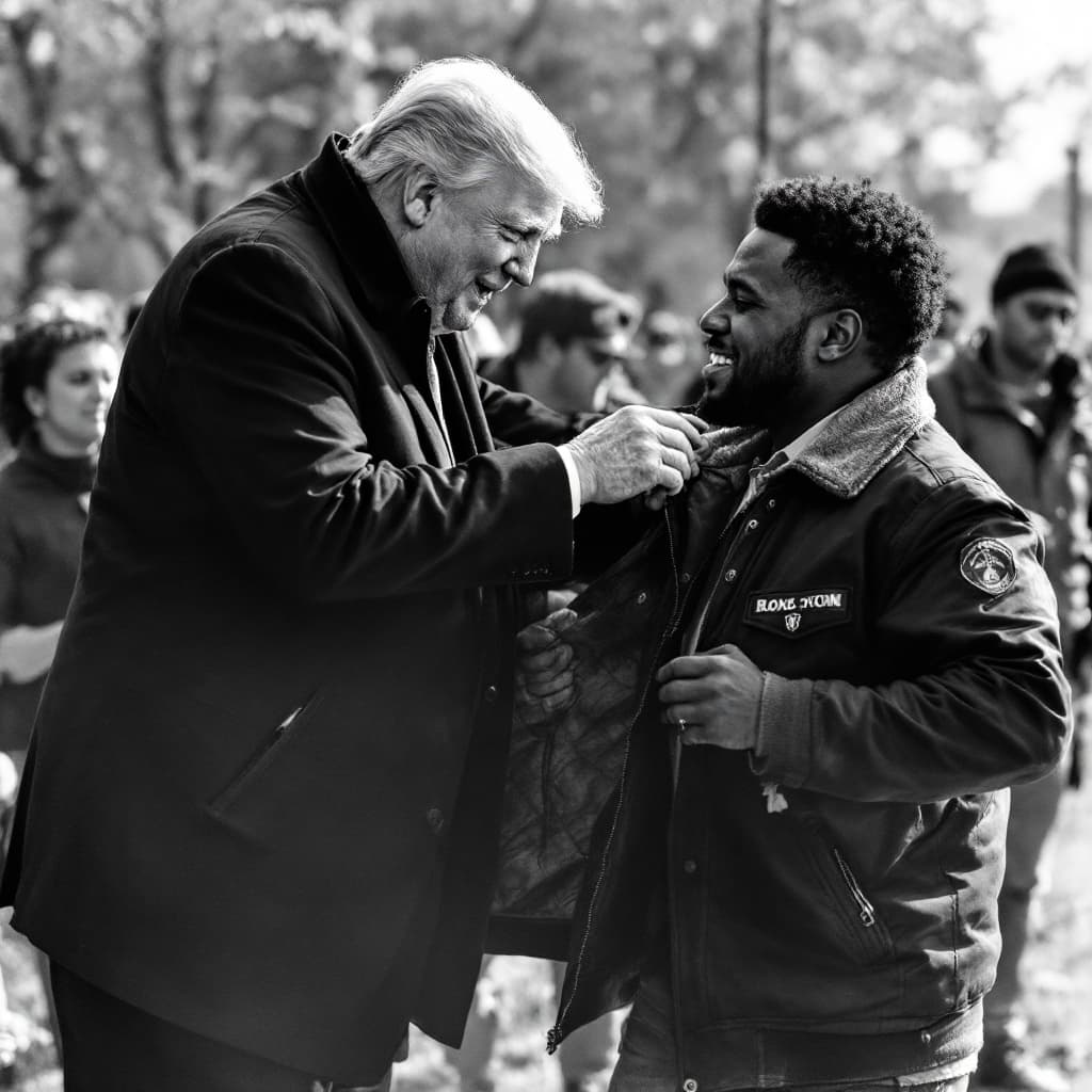 AI generated: Donald Trump giving his jacket to a black man.