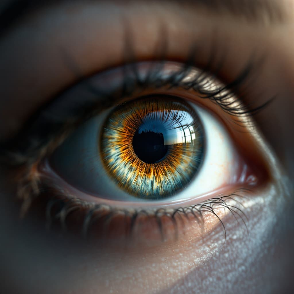 AI generated: A brown hyperrealistic eye that that can be zoomed into, In every zoom stage a new random scene can ...