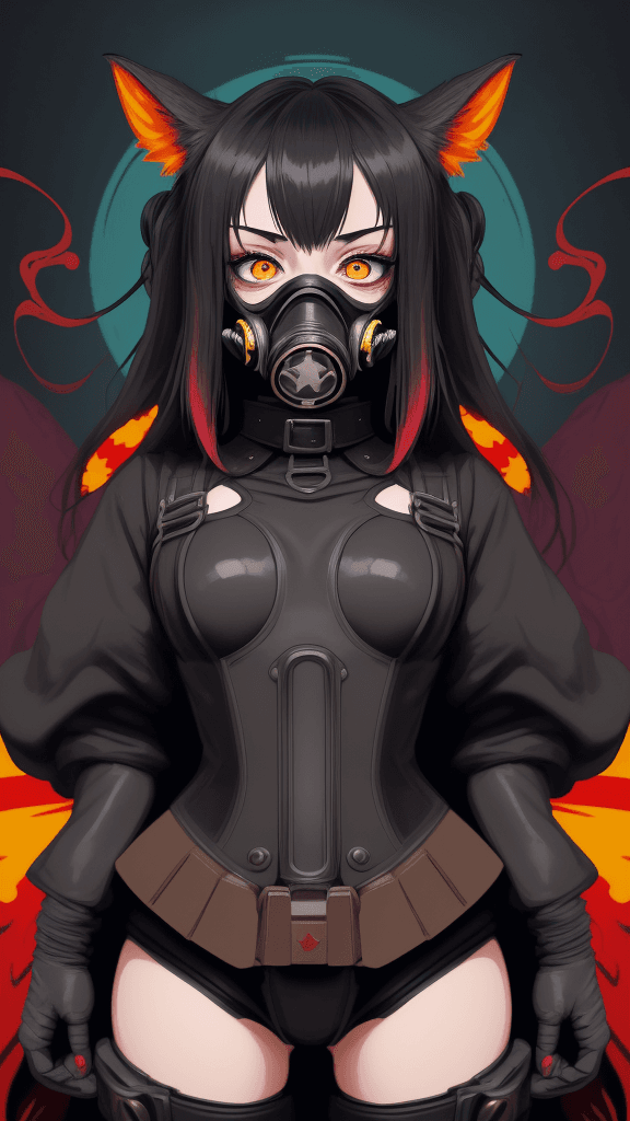 AI generated: complex background portrait of little bestial woman. Wearing a gas mask. Prominent eyes, complex bac...