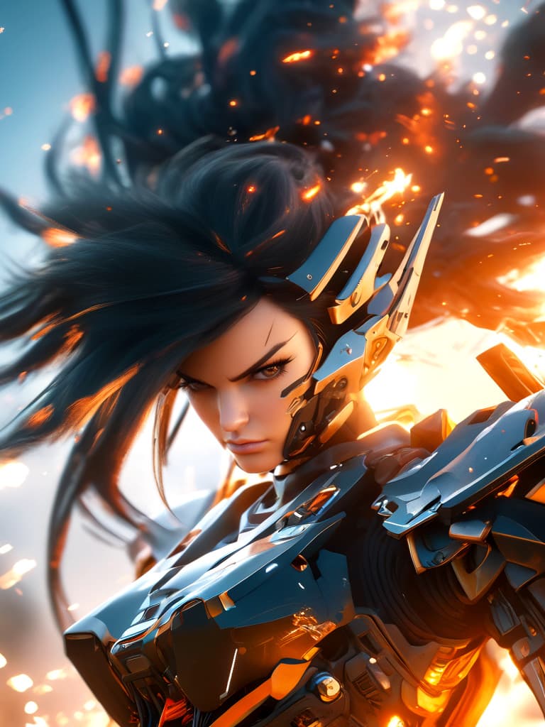 AI generated: Photo of a pretty mecha girl, with long black hair, angry face, fighting stance, engage in battle, H...