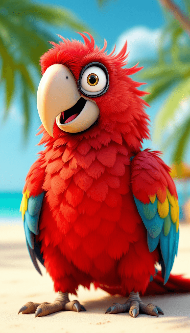 AI generated: A whimsical, full-body, close-up 3D render of a cartoon pirate parrot, stylistically blending Pixar ...