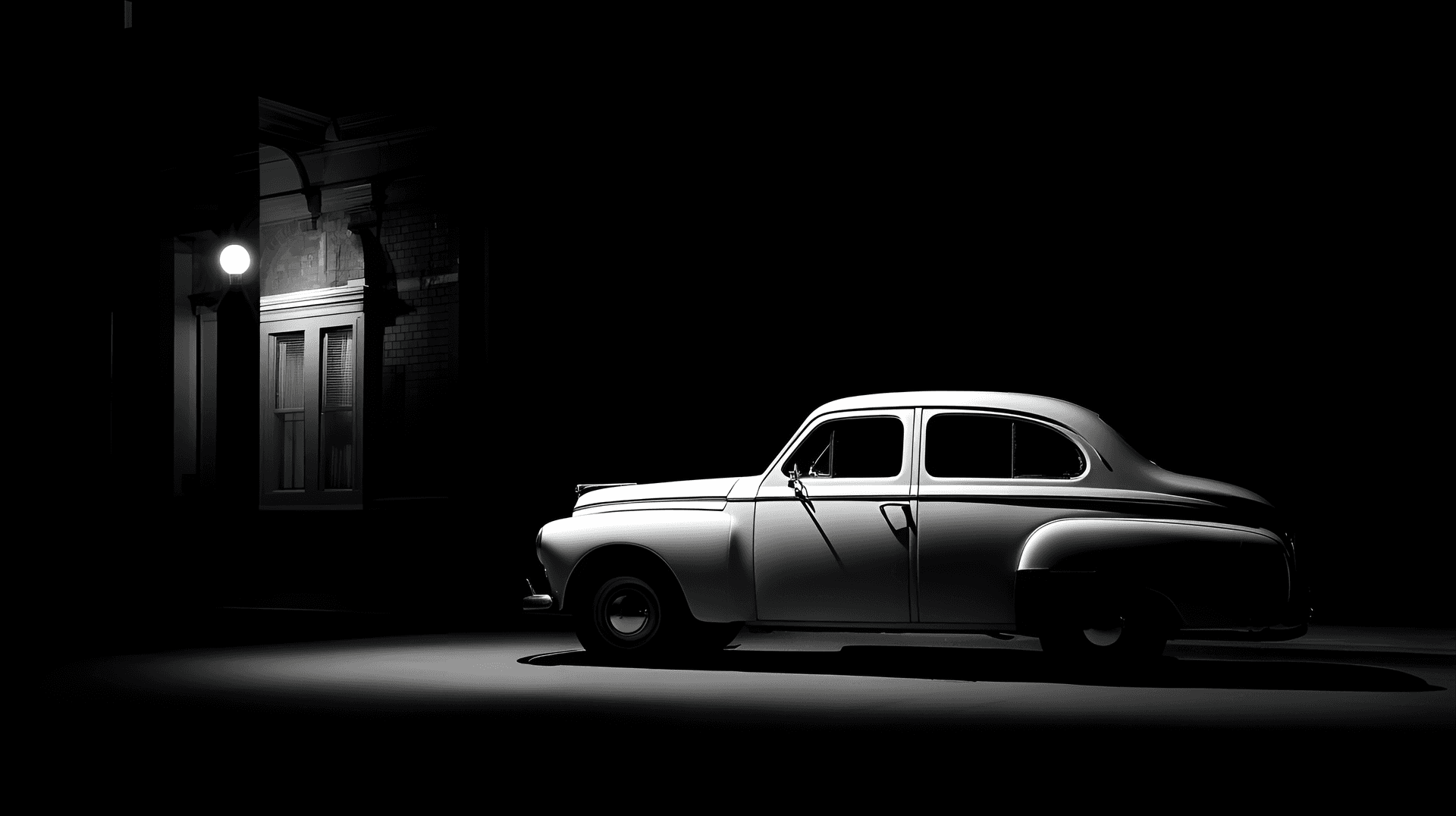 AI generated: backlit photography, a classic car under a streetlamp, the light creates a dramatic shadow pattern, ...