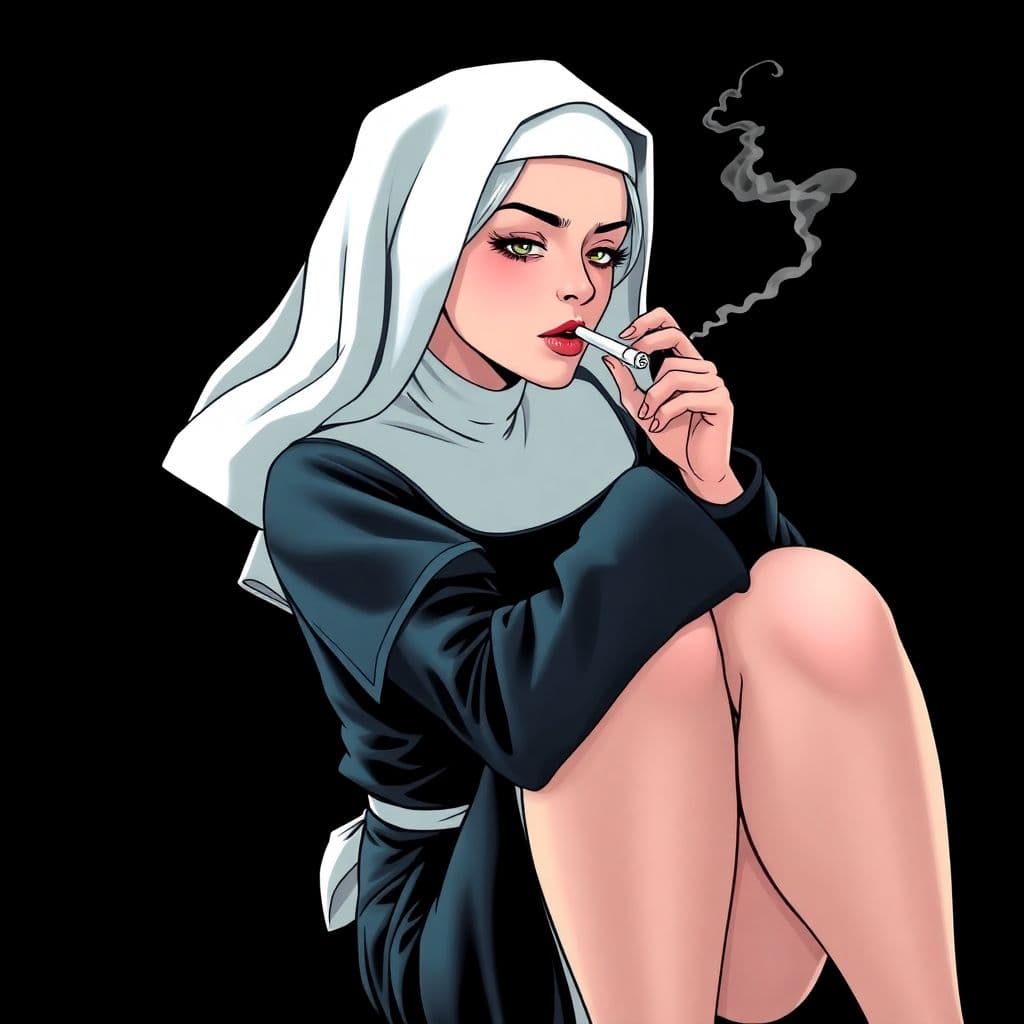 AI generated: Comic book cover illustration, full body shot of a white-haired nun, smoking, knees up, apathetic on...