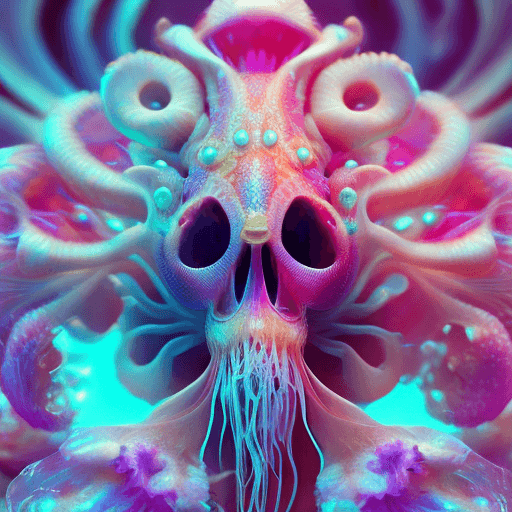 AI generated: Goddess close-up portrait ribcagel. jellyfish phoenix head, nautilus, orchid, skull, betta fish, bio...