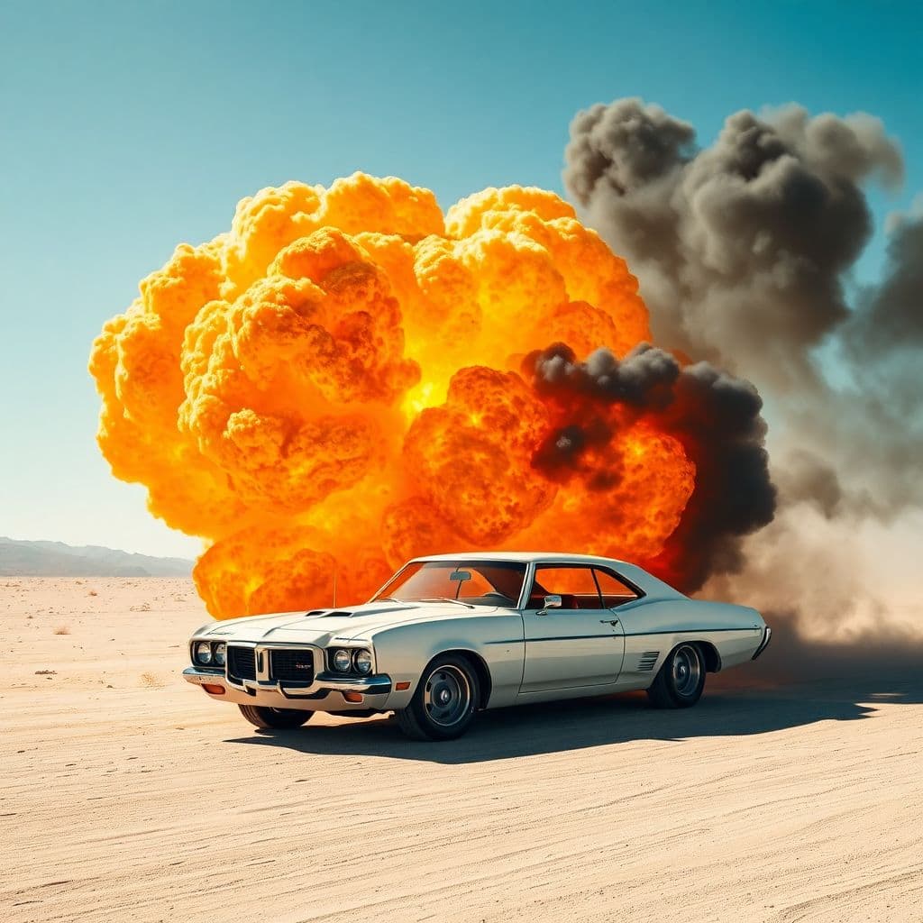 AI generated: A dramatic scene in a desert landscape features a classic white luxury car parked on a sandy, barren...