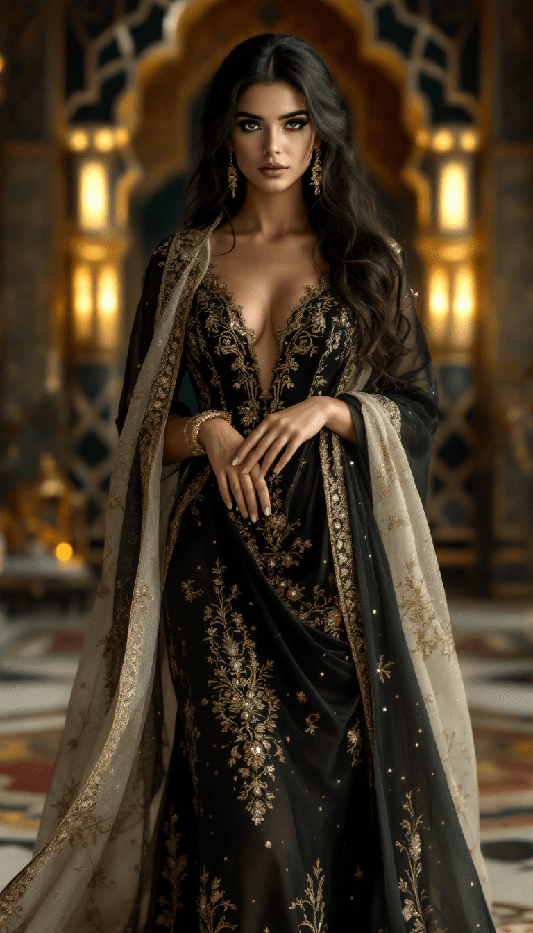 AI generated: Full body view of a An incredibly beautiful Arabian woman with striking black eyes and long dark hai...