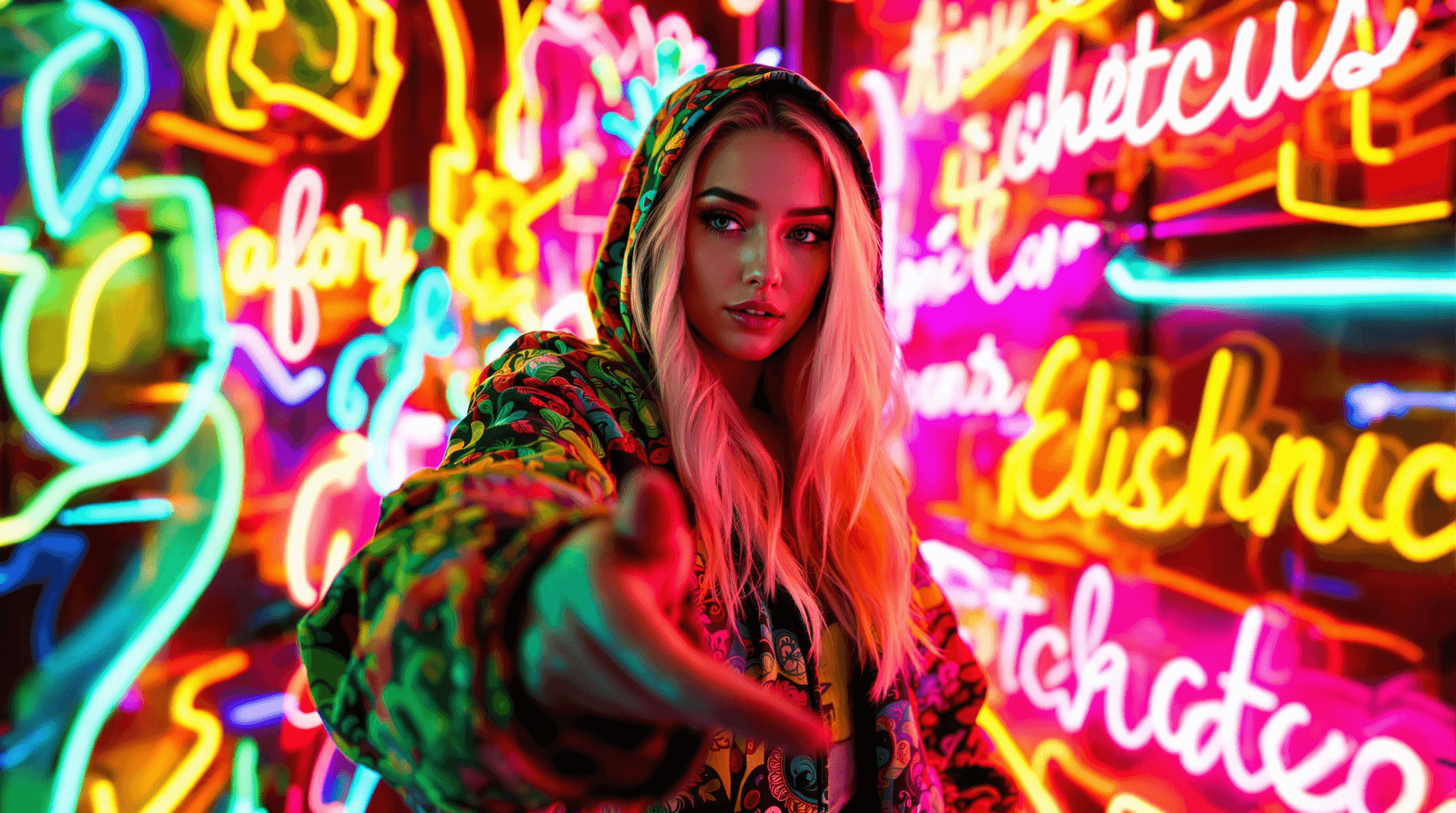 AI generated: A  vibrant, neon-lit scene featuring a Stunning Woman with long, pastel-colored hair, styled in loos...