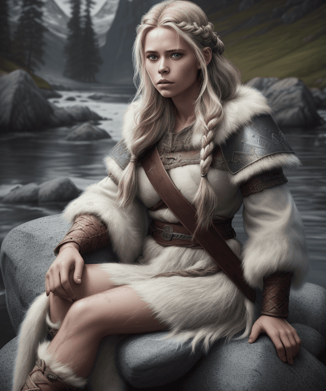 AI generated:  A stunning Scandinavian model, in Viking costume, sitting on a rock, Messy hair, Medium hair, Braid...