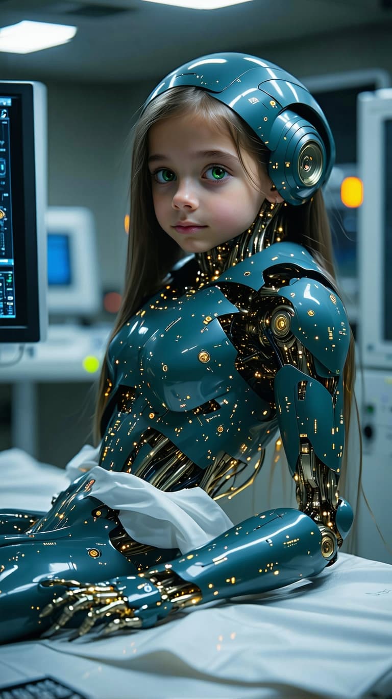 AI generated: exceptionally beautiful tween girl, artificial intelligence cyborg, full body (futuristic),(masterpi...