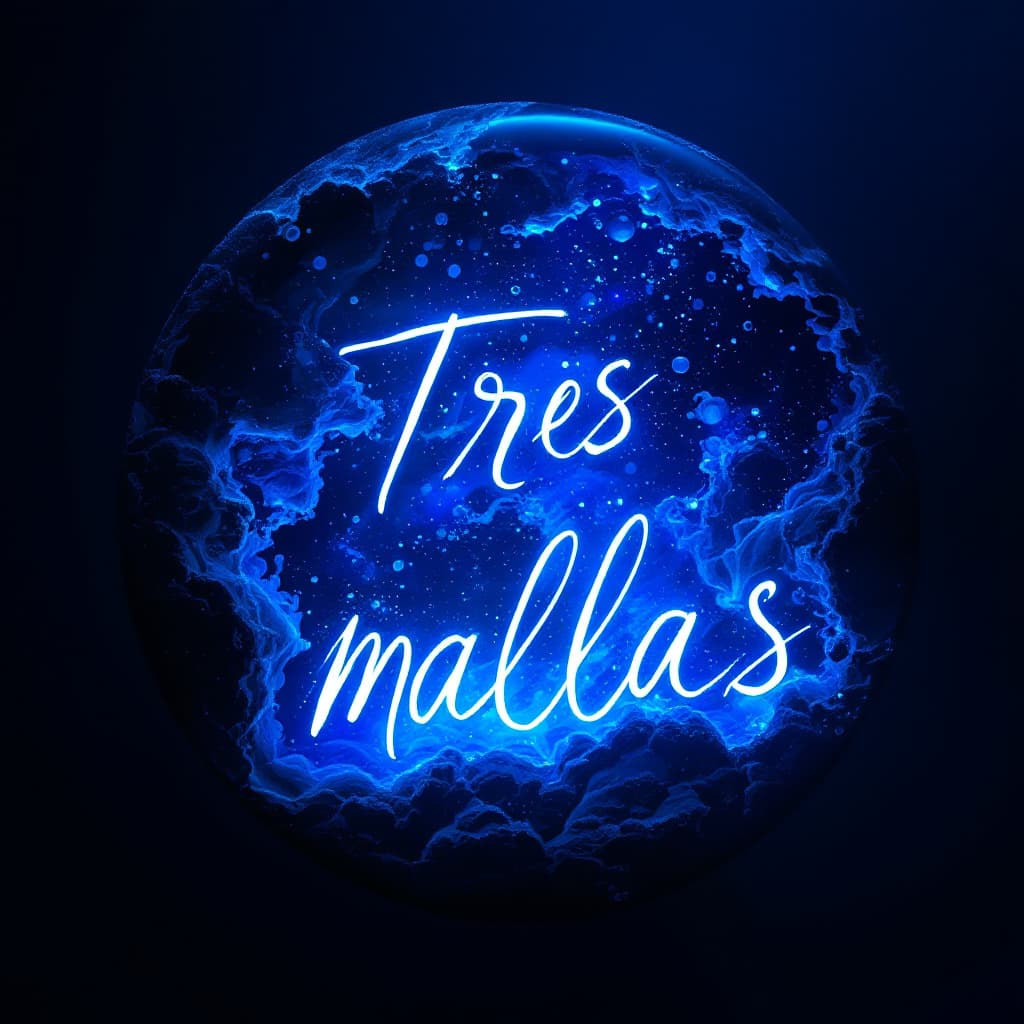 AI generated: escribir la palabra TRES
 MALLAS
  bioluminiscente color azul en letra mayúscula modo estético tranq...