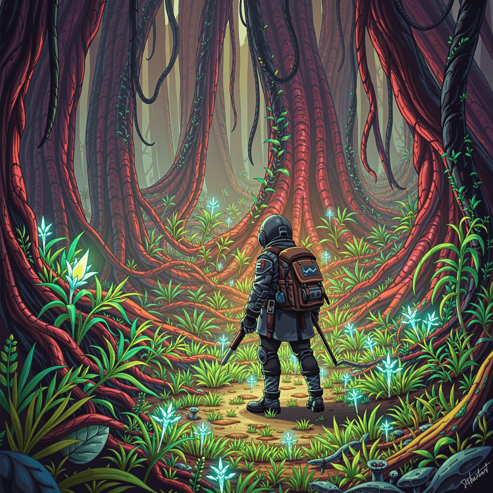 AI generated: An alien jungle with glowing bioluminescent plants, explorer frozen in silent wonder, eerie but beau...