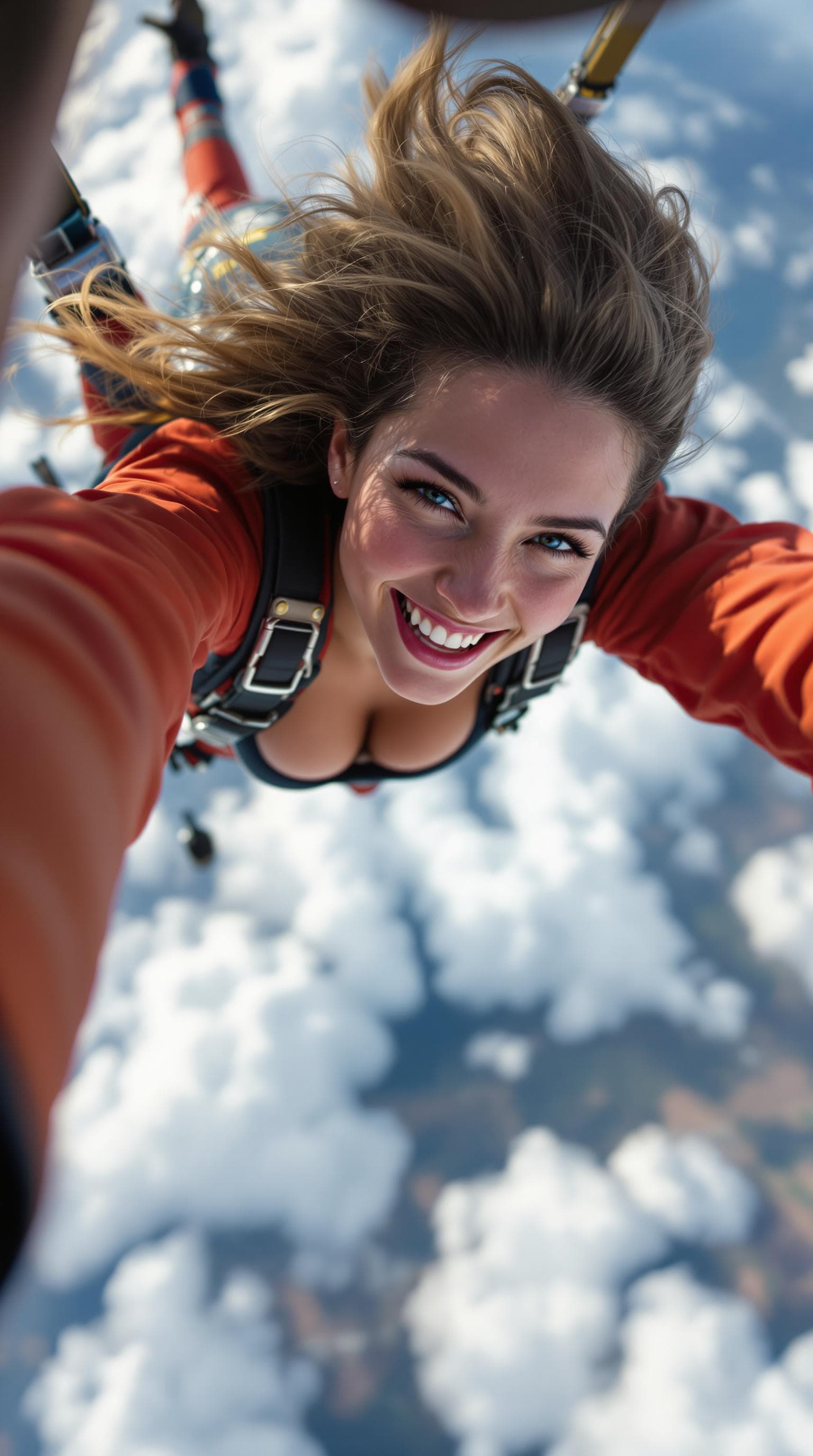 AI generated: 
Go back
female parachutist, jumping from plane, smile, selfie, motion, full body visible, detailed ...