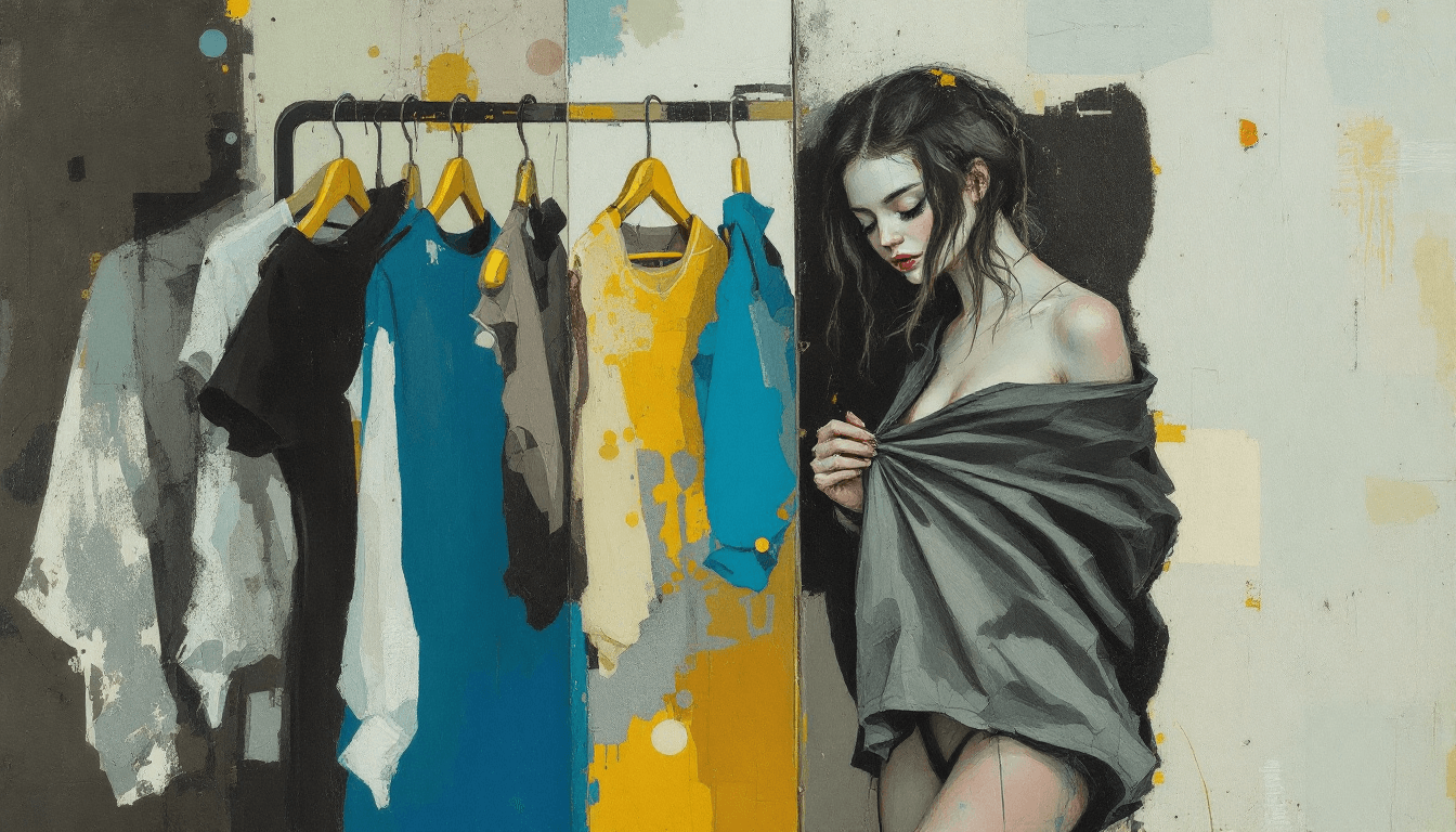 AI generated: Mixed media artwork + girl in a dressing room of a clothing store taking off her shirt + In the styl...