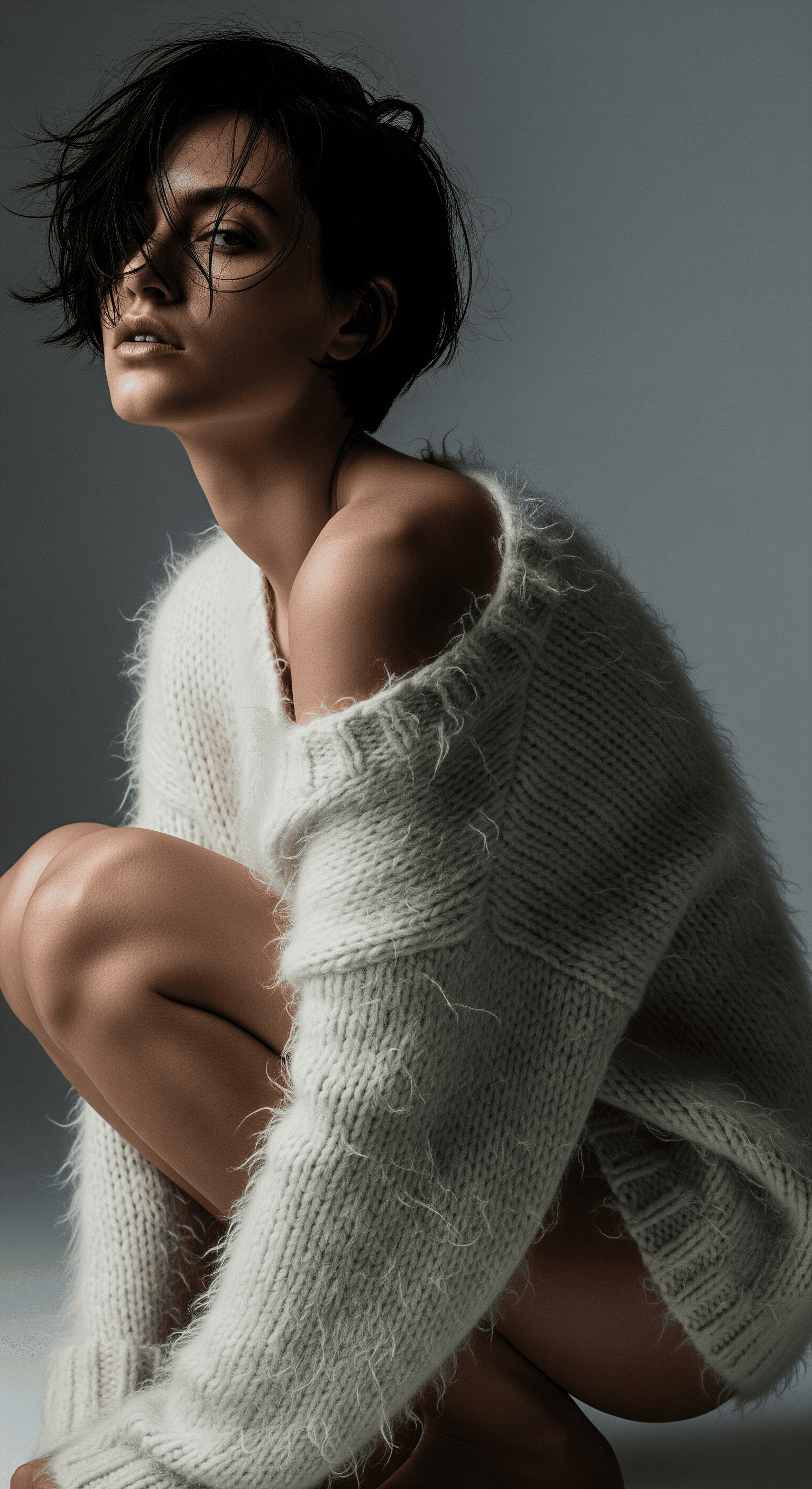 AI generated: A raw, intimate fashion portrait of a model with dramatic cheekbones and dark, wind-blown short hair...