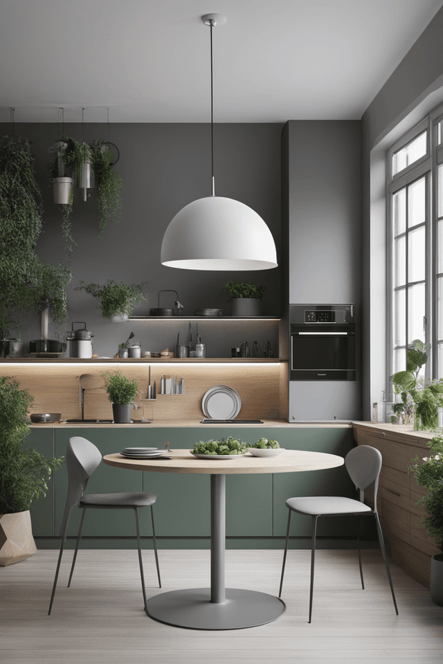 AI generated: a small kitchen with a gray kitchen set, light floor,gray wooden walls, with a round table in the mi...