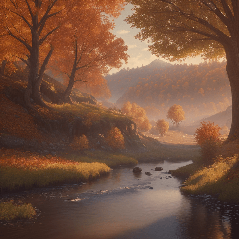 AI generated: photorealistic oil on canvas, 
riverbank, small trees, small hills
beautiful setting, fall,
foregrou...