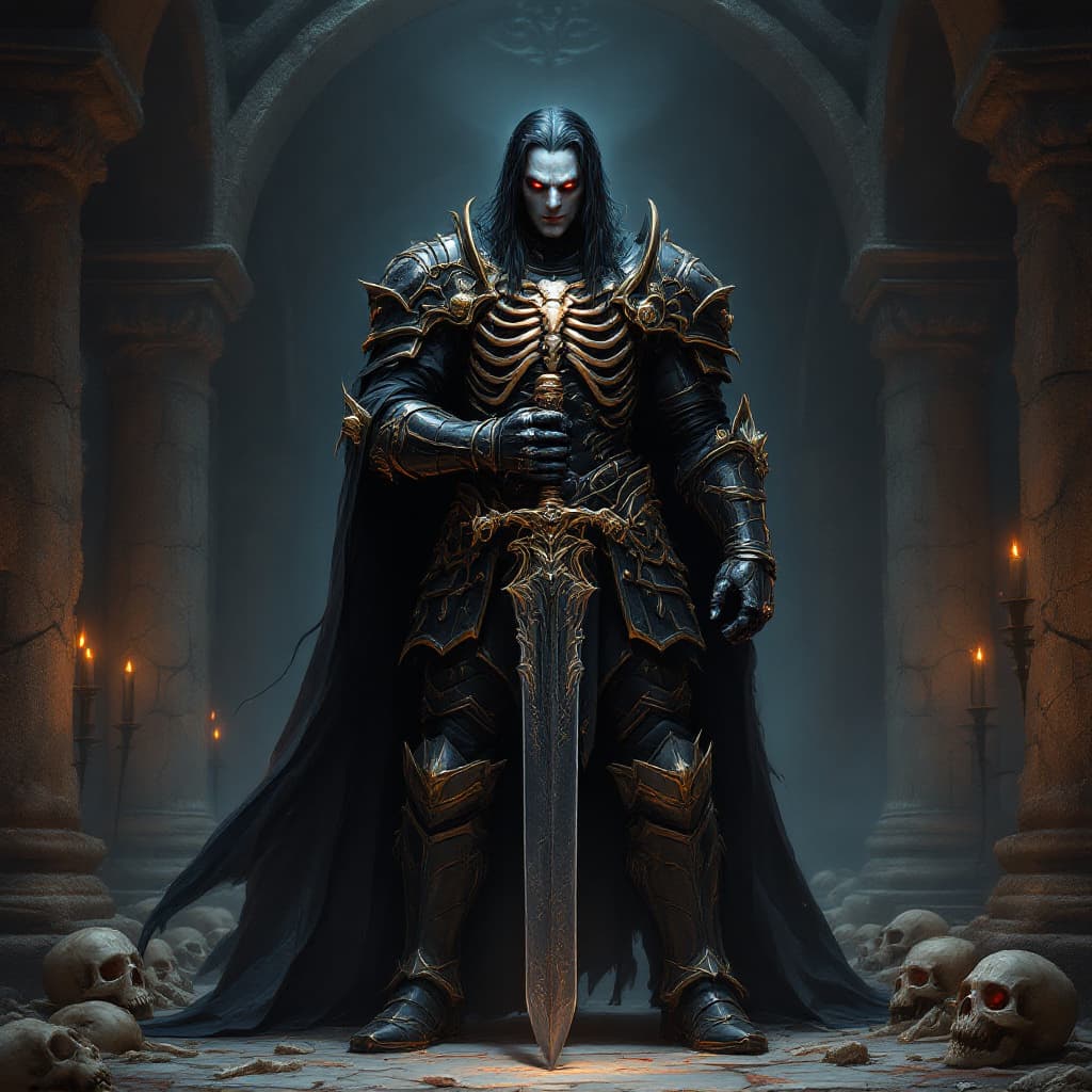 AI generated: A powerful vampire stands in the center of a dark, ancient crypt, facing forward in a commanding, ba...