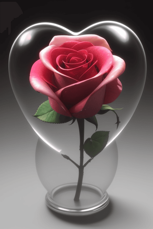 AI generated: A small multi-colored rose is inside a glass heart shape (Ultrarealistic photo style UHD 4k format)