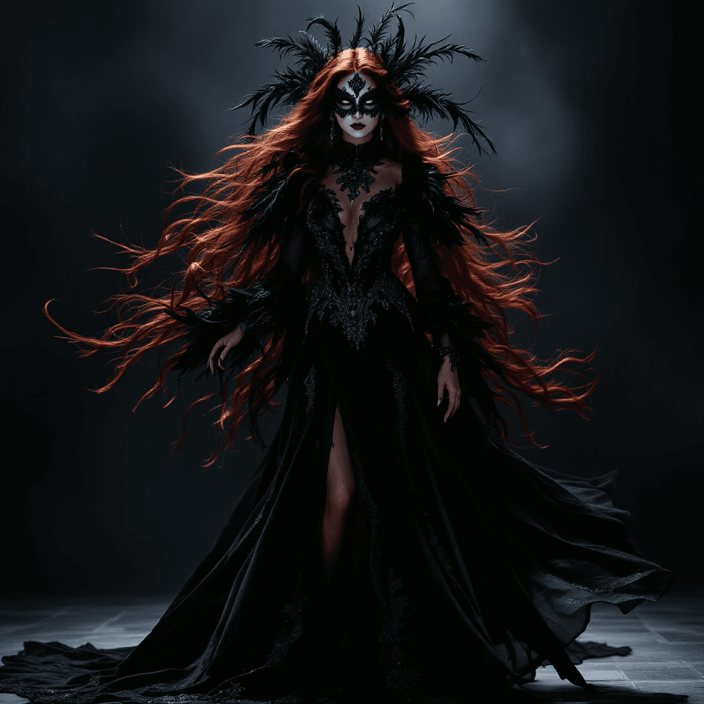 AI generated: The Shadow Dancer of the Obsidian Theatre: A dramatic performer with long, flowing, dark auburn hair...