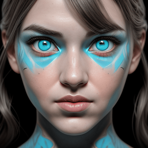 AI generated: the face of a young woman, with beautiful eyes with light gray iris, turquoise blue pupil and rainbo...