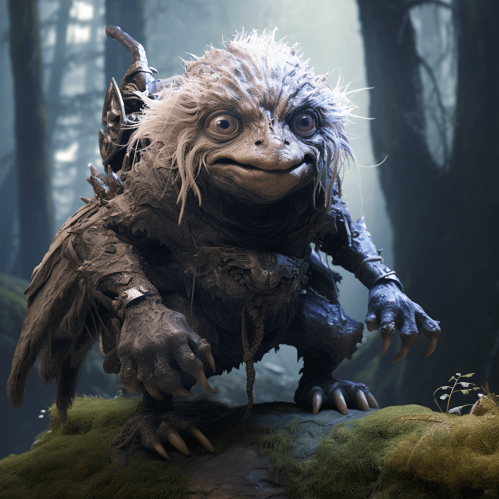 AI generated: full body of crawling creature found in the middle of a forest clearing, wide shot, snow on the grou...
