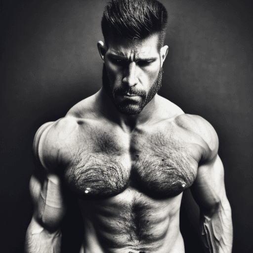 AI generated: 9:16 long shot wide angle photo of a rugged dark stubbled face Italian John Doe macho trucker extrem...