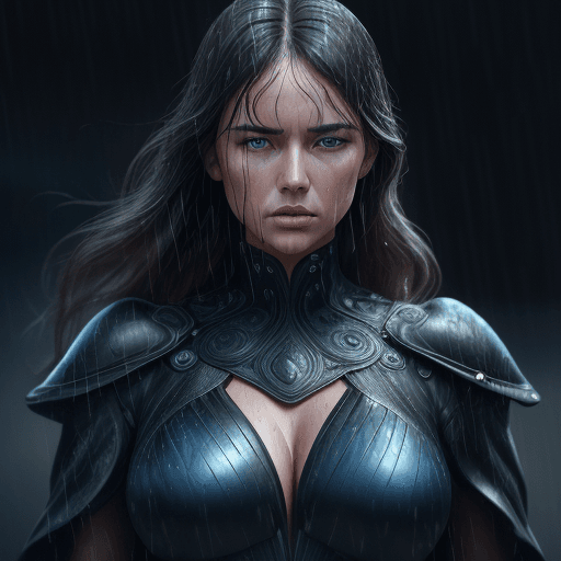 AI generated: women with a focus face, black gold dress . standing in light rain. with realistic drop of rain on h...