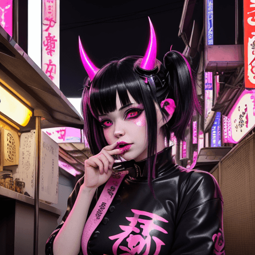AI generated: a kawaii techno demoness sits at a ramen stall in Neo-Tokyo. She has messy black hair, pink pupils, ...