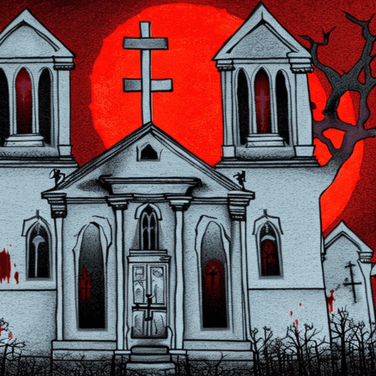 AI generated: Artwork of a very detailed scary church, full of dead spirits, big shivering full moon, bloody red s...