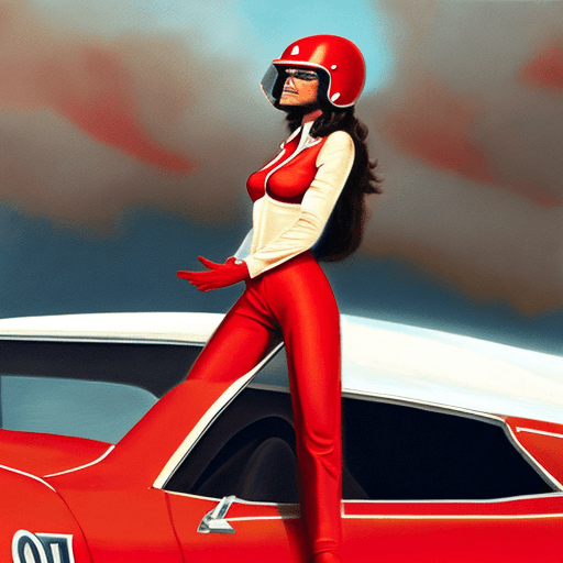 AI generated: an oil painting of a Busty Brunette in aircraft red suit , standing solid on long legs, back to the ...