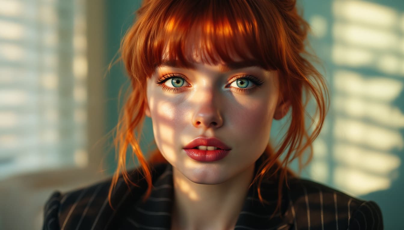 AI generated: Close-up portrait of a 20-year-old redhead woman with bangs, illuminated by the soft, warm afternoon...