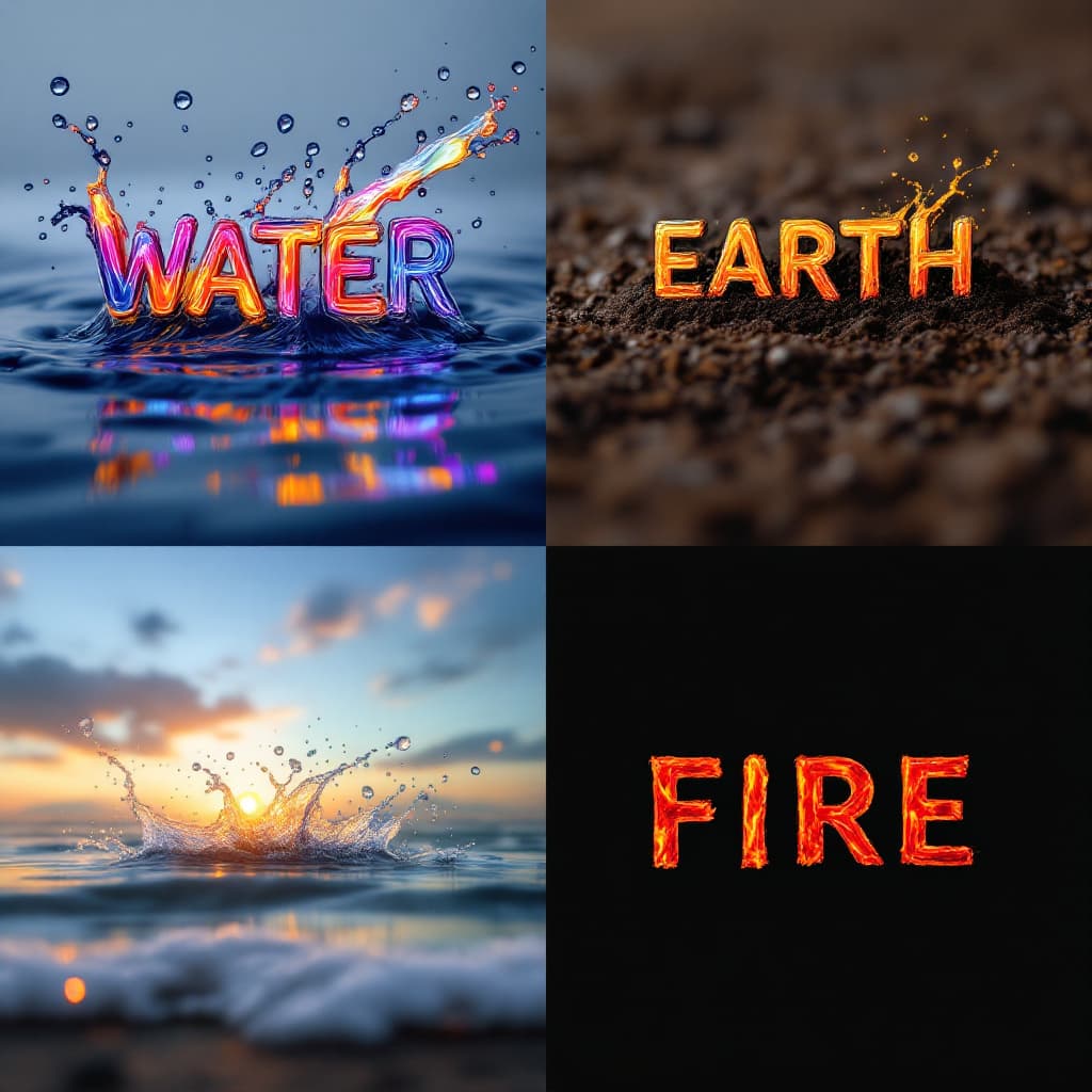 AI generated: the image show the fourth elements, each one in a part of the picture, first part is at top left and...